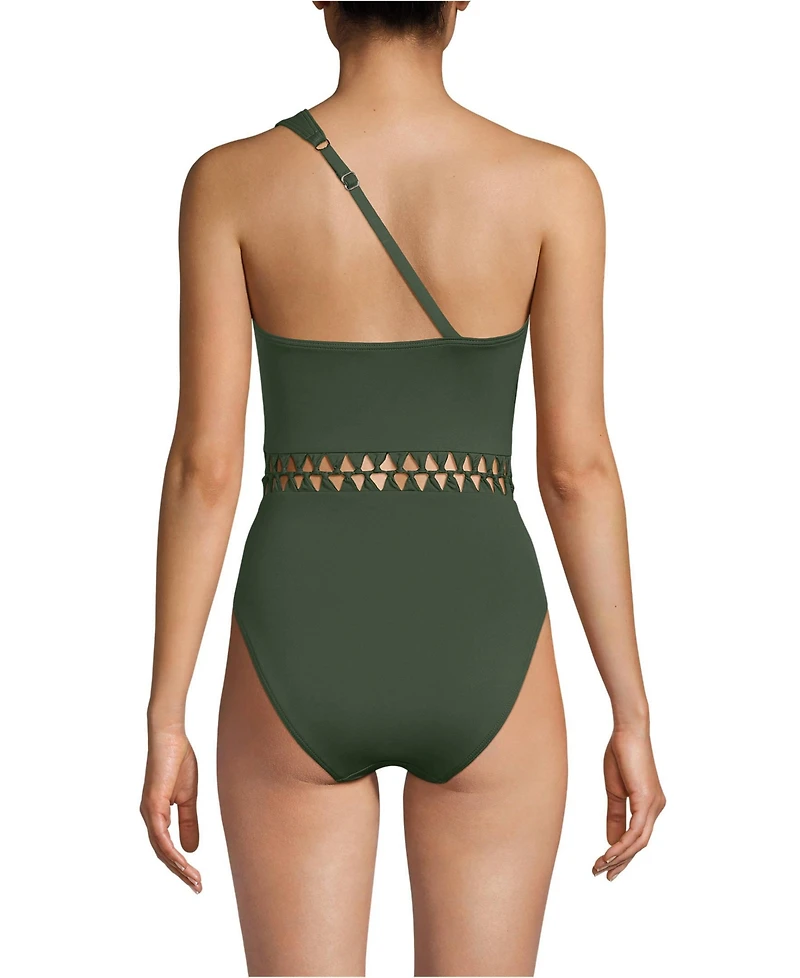 Lands' End Women's Macrame One Shoulder High Leg Piece Swimsuit