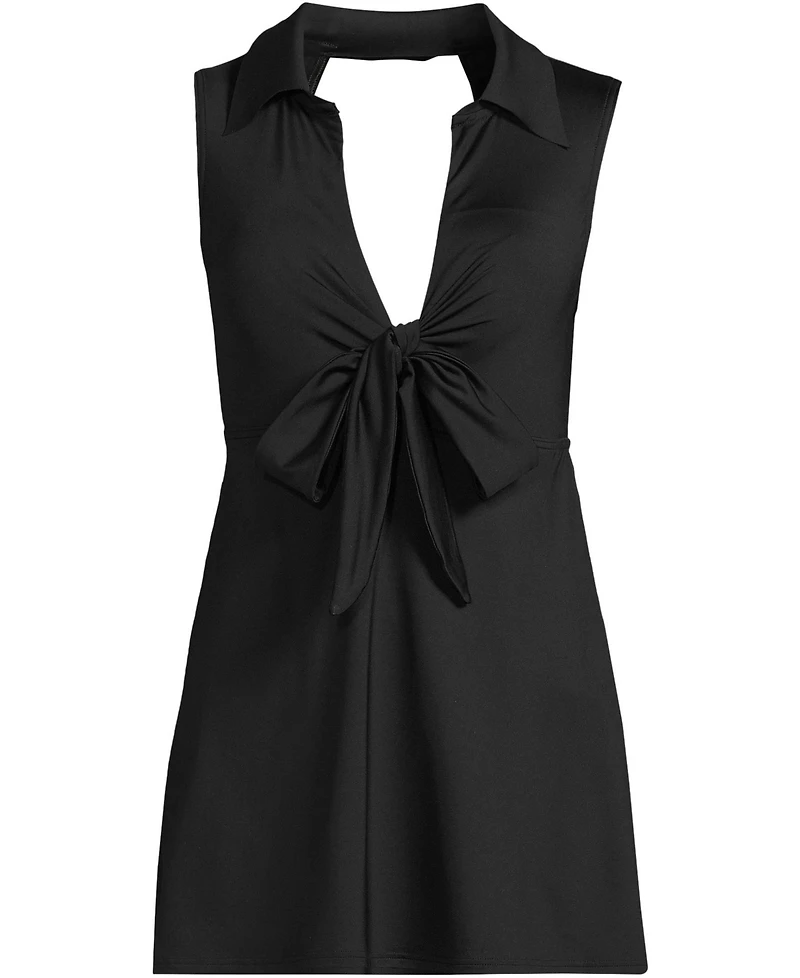 Lands' End Women's Polo Collar Tie Front Swim Dress Swimsuit