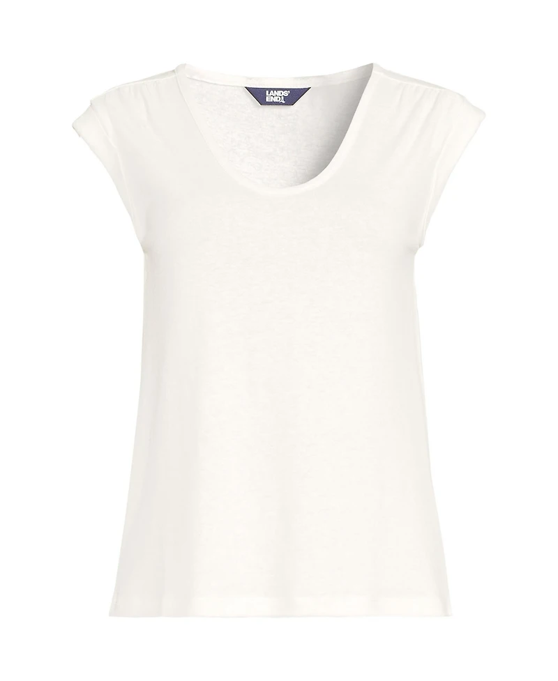 Lands' End Women's Linen Blend Cap Sleeve Gathered Shoulder Tee