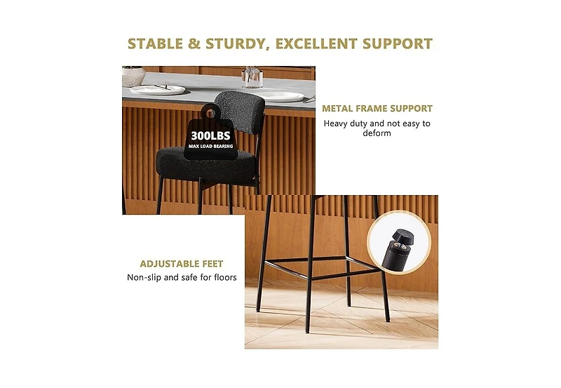 Dyhome Bar Stools Set of 4, 24 Inches Modern Counter Height with Curved Back Metal Legs, Upholstered Boucle Barstools for Kitchen Island, C