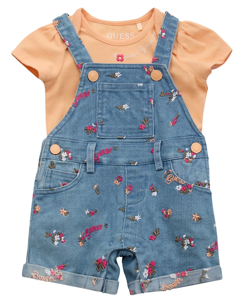 Guess Baby Girls 2-Piece Short Sleeve Bodysuit and Stretch Denim Overall Set
