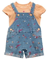 Guess Baby Girls 2-Piece Short Sleeve Bodysuit and Stretch Denim Overall Set