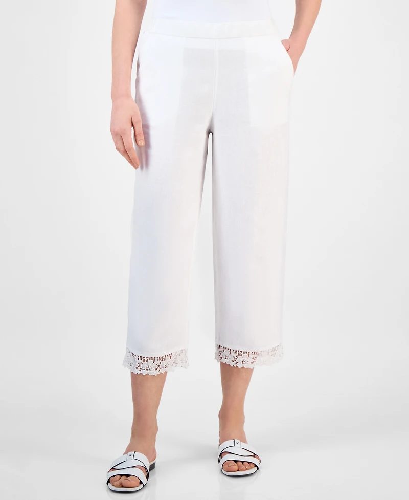 Charter Club Women's Crochet-Trim 100% Linen Cropped Pants, Exclusively at Macy's