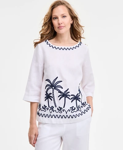 Charter Club Women's Palm-Applique 100% Linen Top, Exclusively at Macy's