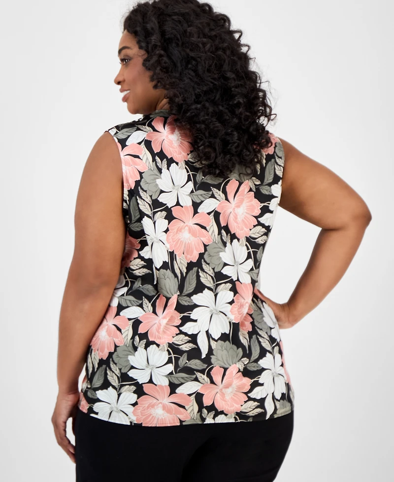 Kasper Plus Floral-Print Draped-Neck Top
