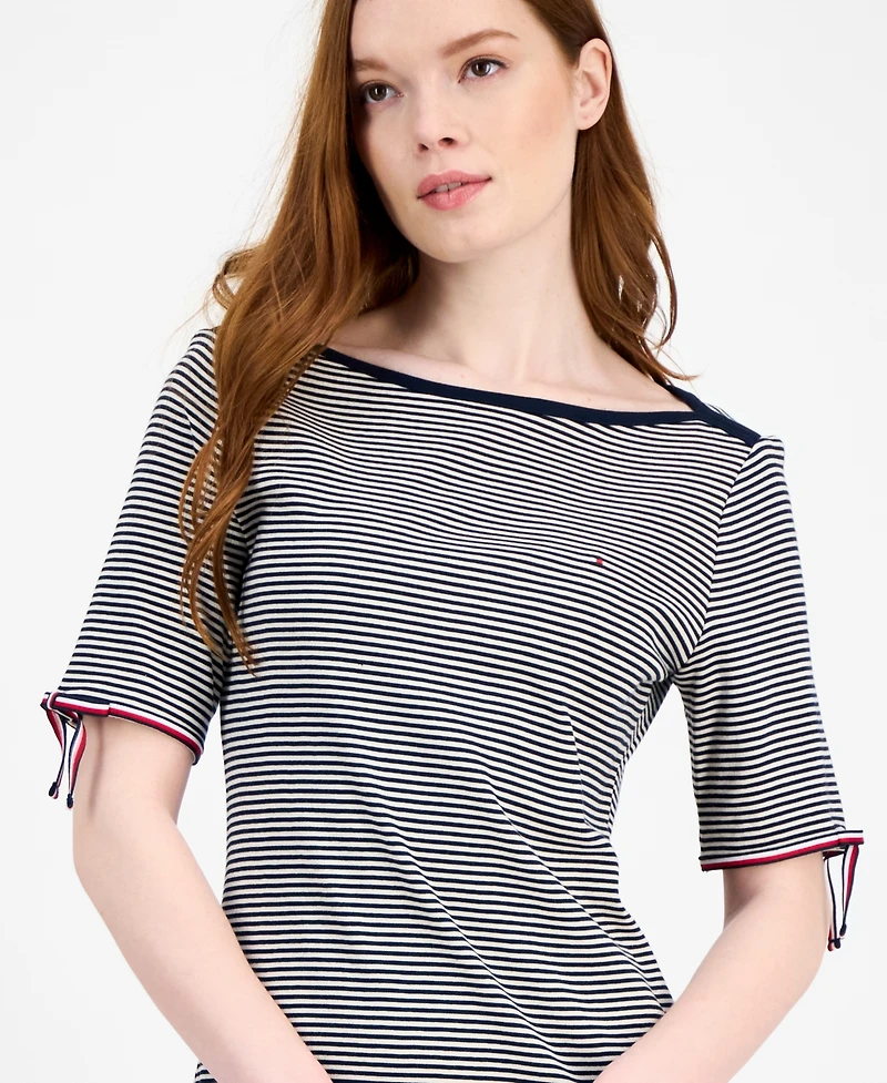 Tommy Hilfiger Women's Striped Cotton Boat-Neck Tie-Sleeve Dress