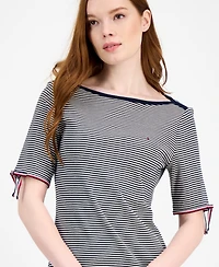 Tommy Hilfiger Women's Striped Cotton Boat-Neck Tie-Sleeve Dress