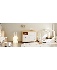 Diaper table with three drawers, baby changing station with multiple storage compartments, natural wood