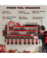 Hausource 4-Tier Power Tool Organizer Wall Mount Tool Storage Workbench W/8 Drill Holder Utility Shelving,Red