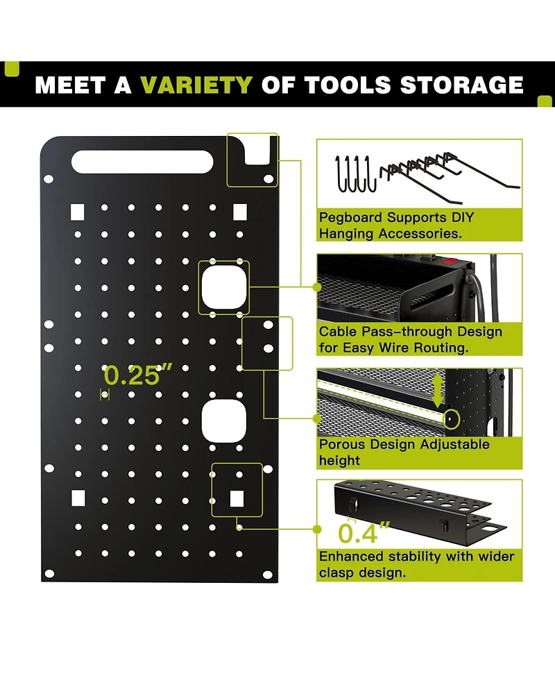 Hausource 4-Tier Power Tool Organizer Wall Mount Tool Storage Workbench W/8 Drill Holder Utility Shelving,Black