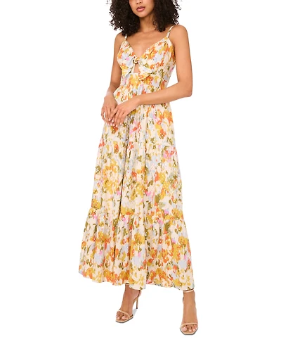 Msk Women's Printed V-Neck Sleeveless Tiered Maxi Dress