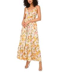 Msk Women's Printed V-Neck Sleeveless Tiered Maxi Dress