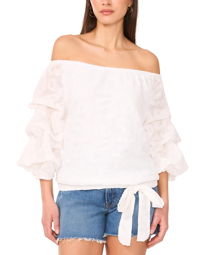 Vince Camuto Women's Textured Off-The-Shoulder Bubble 3/4-Sleeve Tie-Front Blouse
