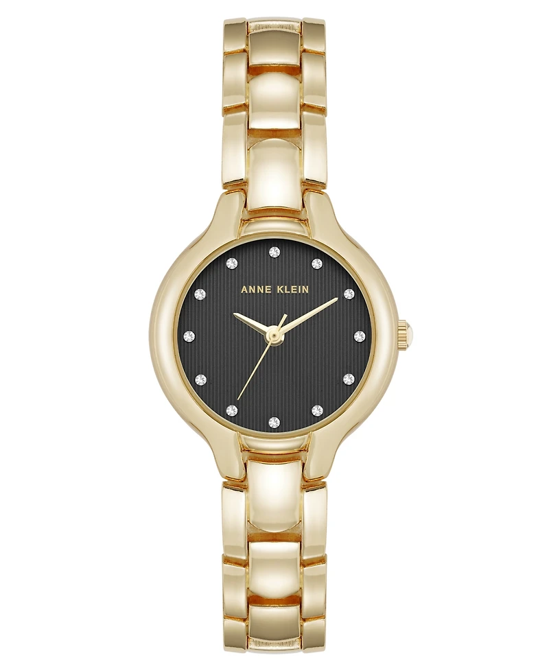Anne Klein Women's Quartz Delicate Crystal Accented Black Dial Gold-Tone Alloy Metal Watch, 28mm