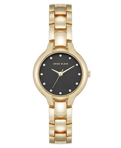 Anne Klein Women's Quartz Delicate Crystal Accented Black Dial Gold-Tone Alloy Metal Watch, 28mm