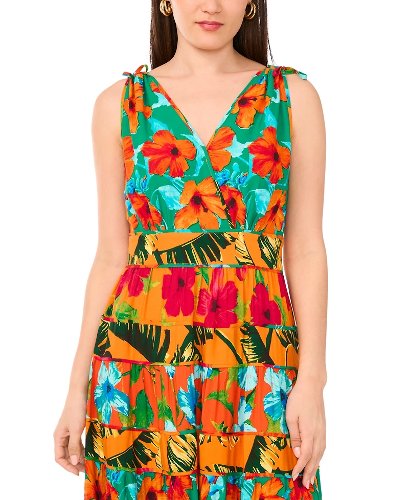 Vince Camuto Women's Floral-Print Tiered Deep V-Neck Dress