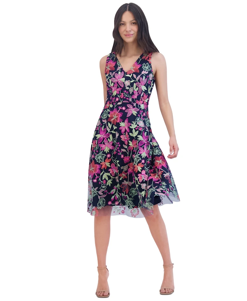 Jessica Howard Women's Floral-embroidered V-neck Fit & Flare Dress