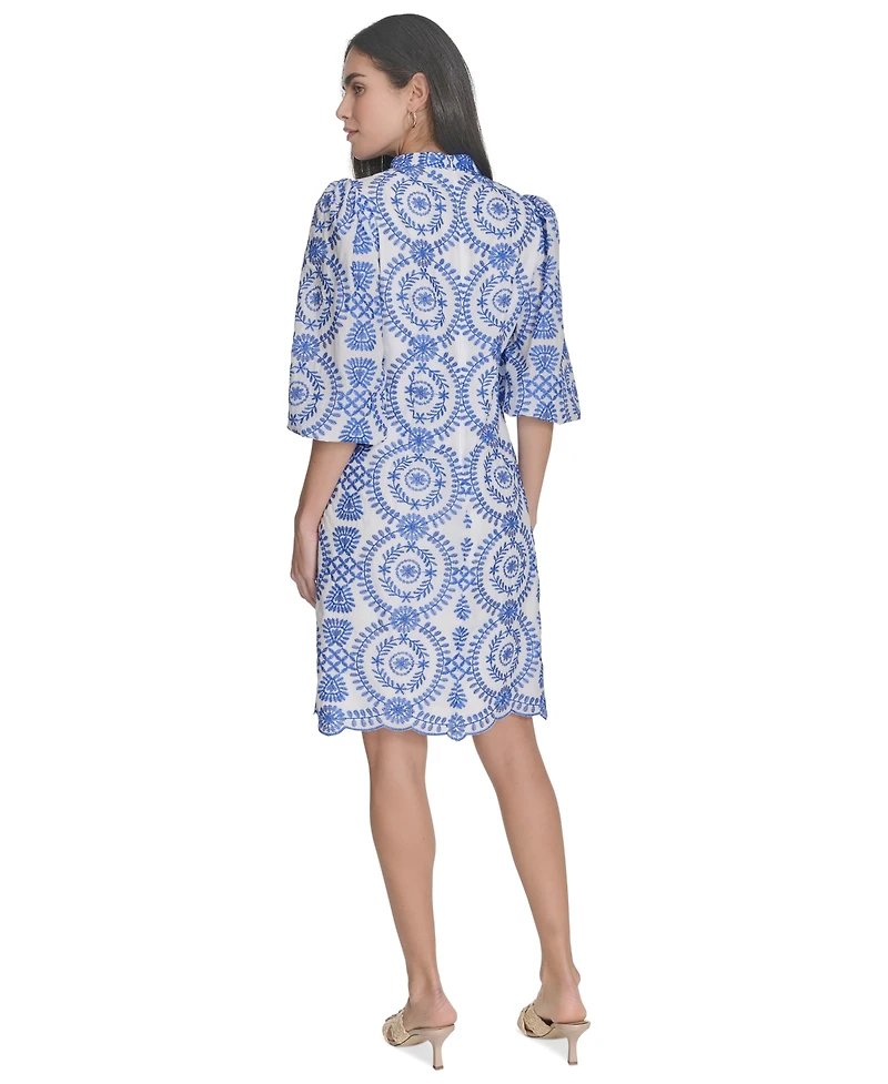 Jessica Howard Petite Printed 3/4-Sleeve Collared A-Line Dress