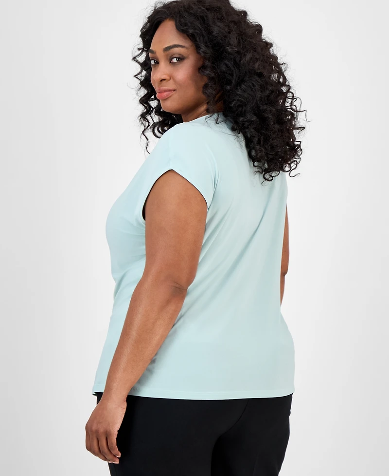 Kasper Plus Beaded-Neckline Short-Sleeve Top