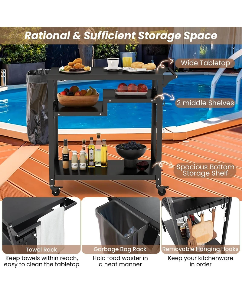 Rolling Grill Cart 3-Shelf Bbq Cart with Hooks and Side Handle