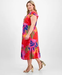 Sandra Darren Plus Printed Flutter-Sleeve Midi Dress