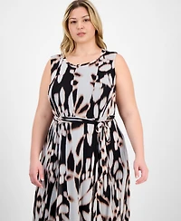 Sandra Darren Plus Belted Printed Sleeveless Midi Dress