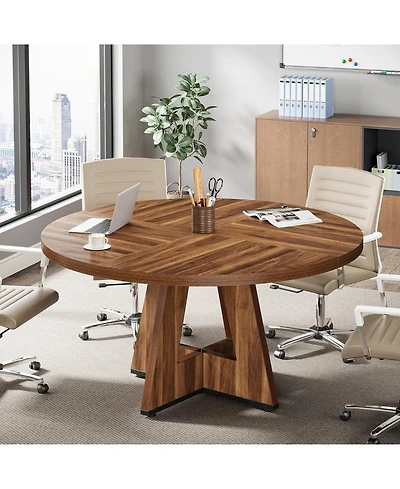 47-Inch Modern Office Desk, Round Home Desk for 4–6 People, Wood Tabletop & Sturdy Base