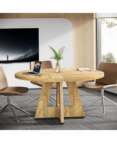 47-Inch Modern Office Desk, Round Home Office Desk for 4–6 People, Wood Tabletop & Sturdy Base