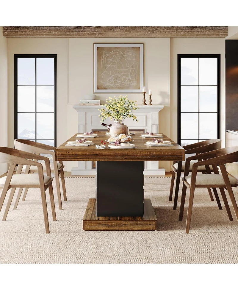 Tribesigns 63'' Dining Table for 4-6, Farmhouse Wooden Rectangular Dinner Table with Geometric Relief, Pedestal Base