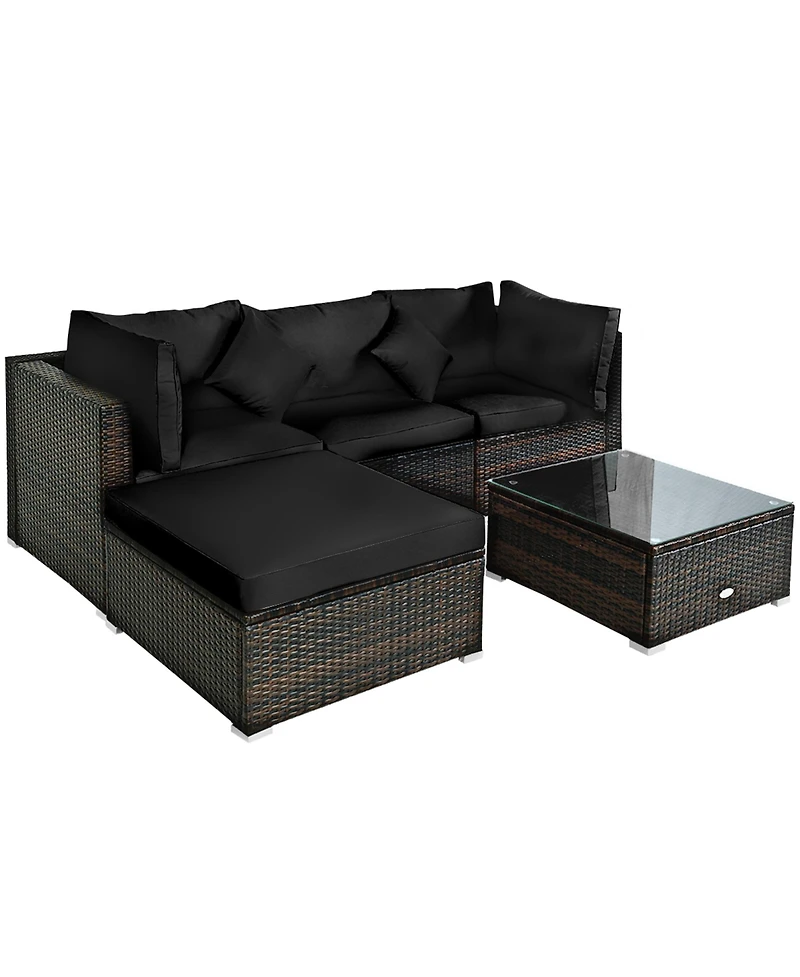 Gymax 5PCS Rattan Patio Conversation Set Outdoor Furniture Set w/ Ottoman Black Cushion