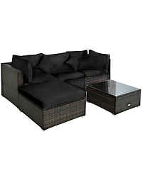 Gymax 5PCS Rattan Patio Conversation Set Outdoor Furniture Set w/ Ottoman Black Cushion