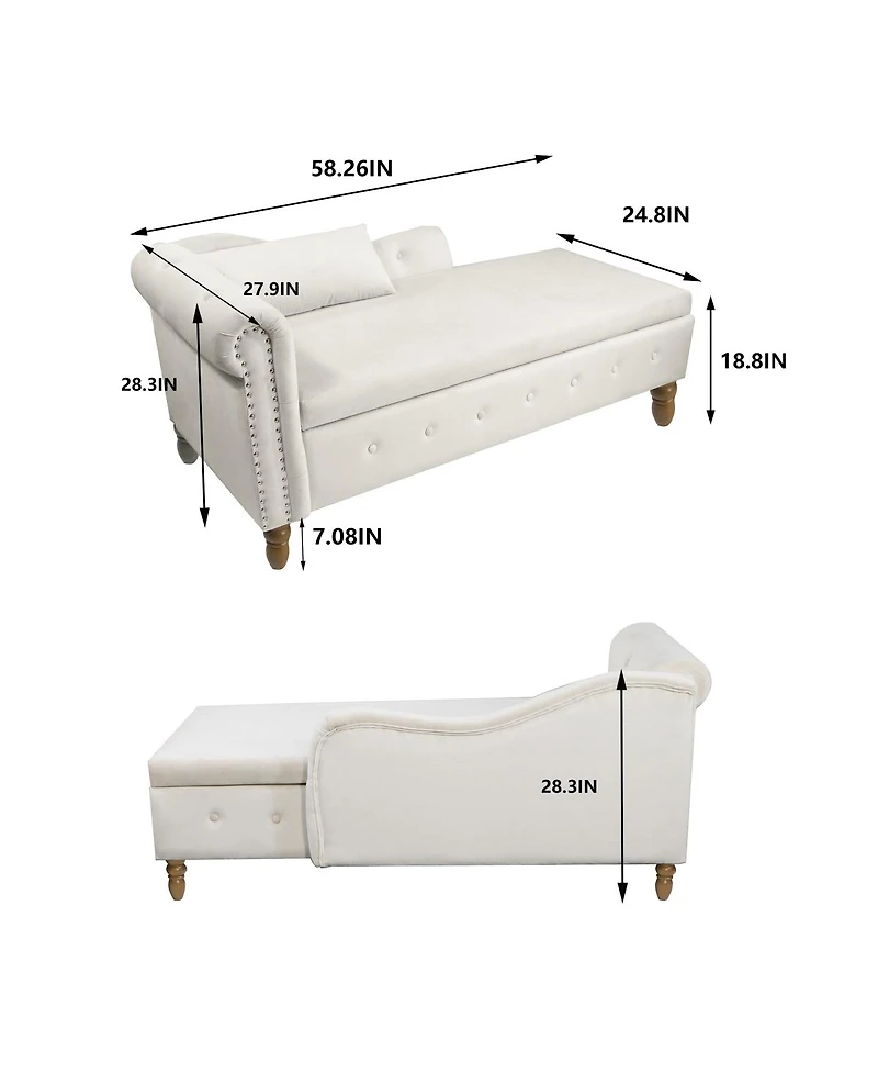 Velvet Upholstered Chaise Lounge with Storage and Pillow Rolled Arm Tufted Chair Nailhead Trim for Living Room Bedroom or Office-The Pop H