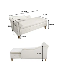 Velvet Upholstered Chaise Lounge with Storage and Pillow Rolled Arm Tufted Chair Nailhead Trim for Living Room Bedroom or Office-The Pop H