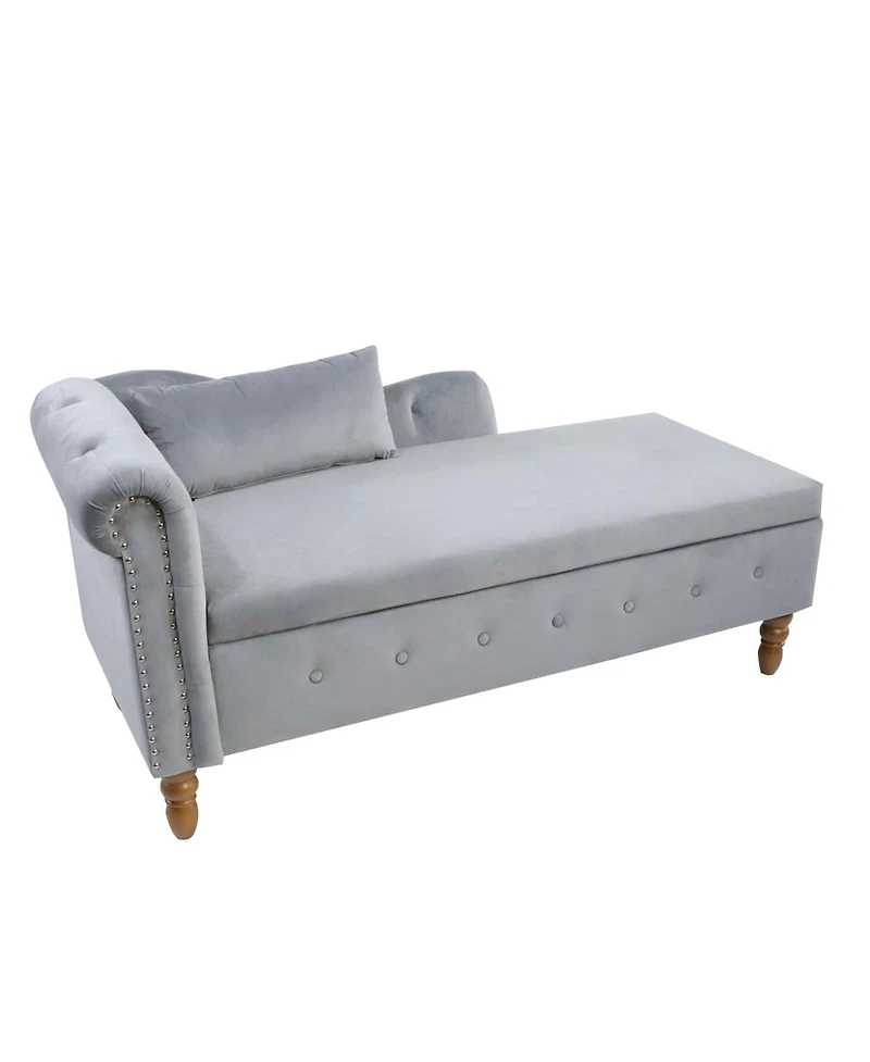Velvet Upholstered Chaise Lounge with Storage and Pillow, Tufted Rolled Arm Chair Nailhead Trim for Living Room or Bedroom-The Pop Home