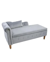 Velvet Upholstered Chaise Lounge with Storage and Pillow, Tufted Rolled Arm Chair Nailhead Trim for Living Room or Bedroom-The Pop Home