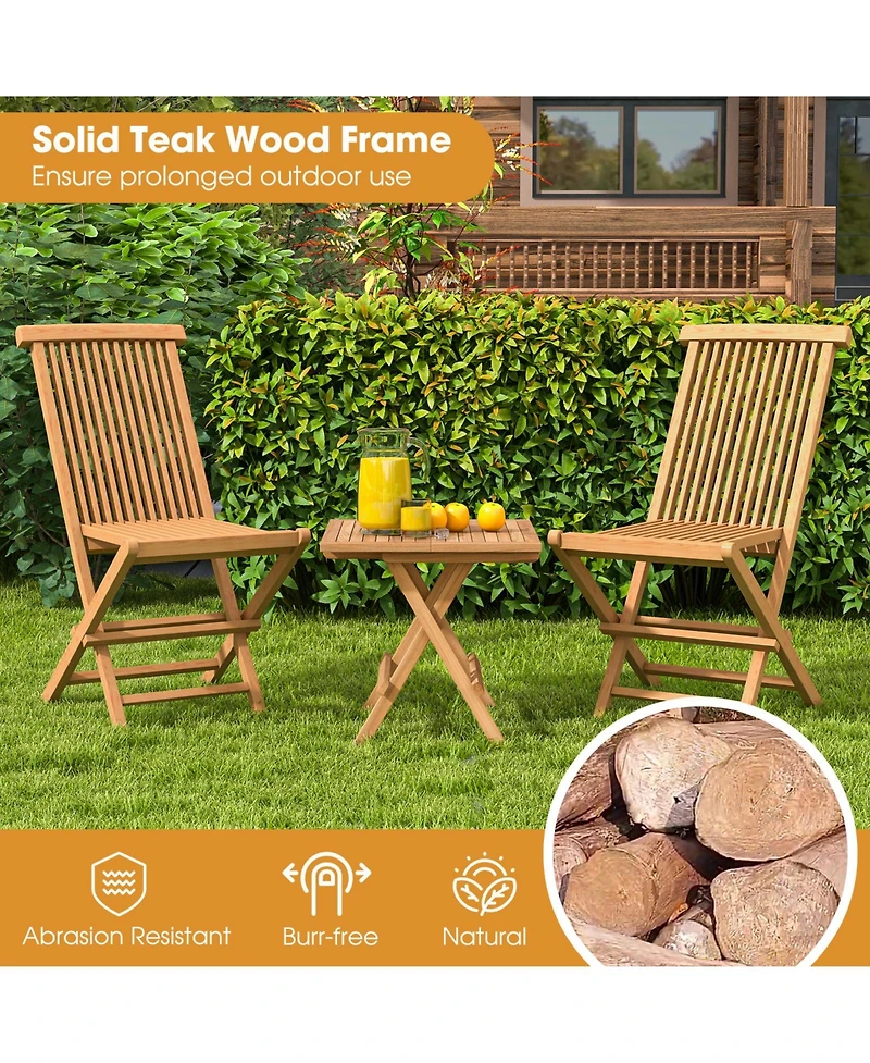 2 Pcs Patio Folding Chair Teak High Back Dining Slatted Seat Portable Outdoor