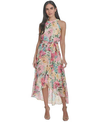 Jessica Howard Women's Floral Chiffon Tie-Waist High-Low Midi Dress
