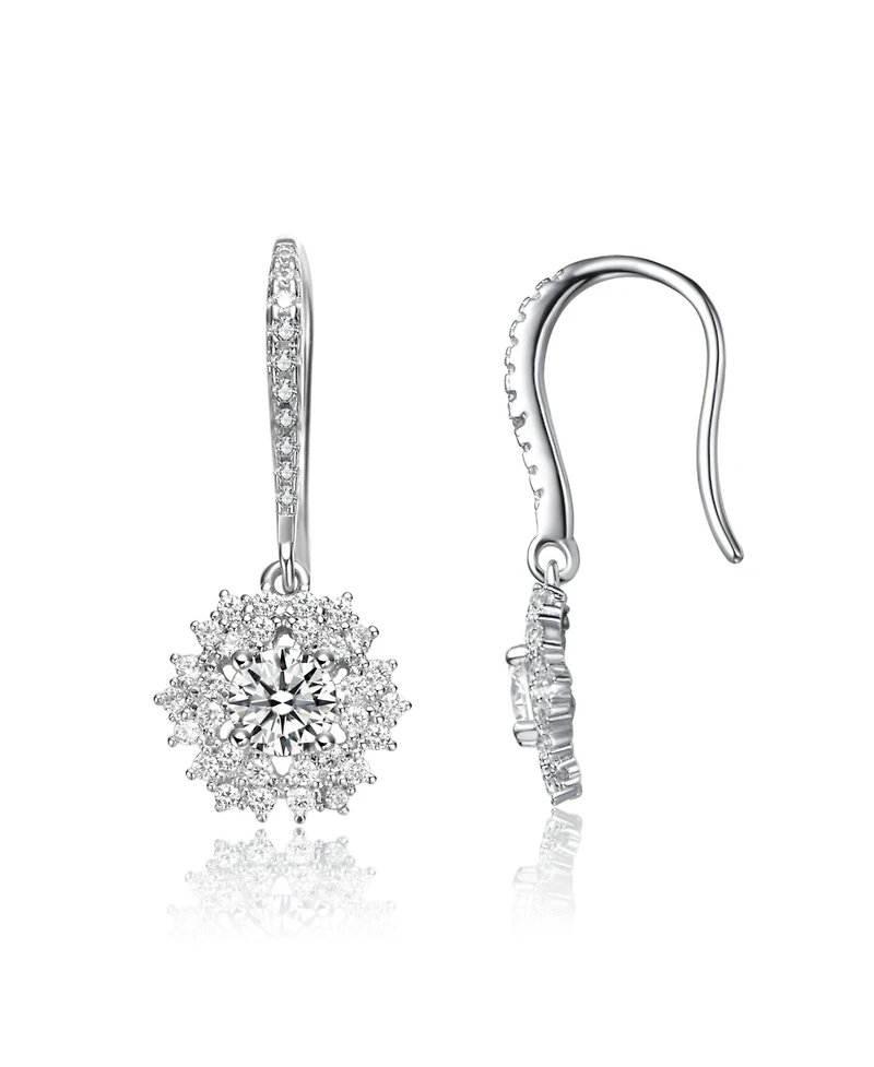 White Gold Plated with Cubic Zirconia Snowflake Cluster Drop Earrings with Wire Hooks