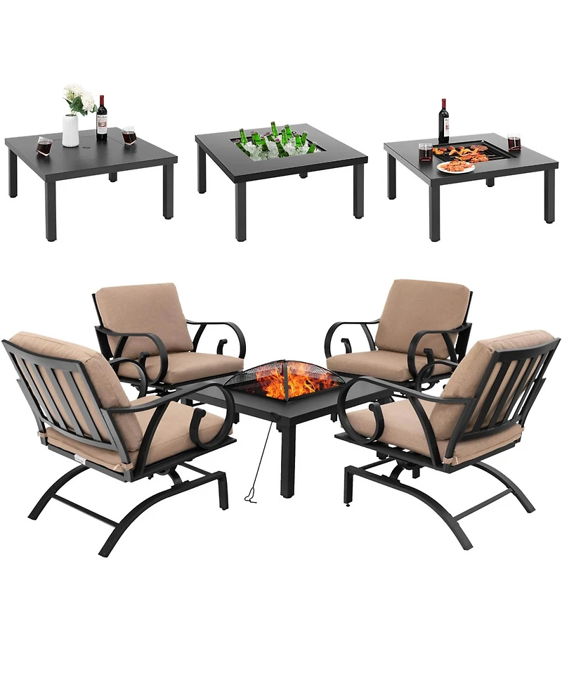Gymax 5PCS Cushioned Patio Dining Set Heavy-Duty Rocking Chairs with 4-in-1 Fire Pit Table