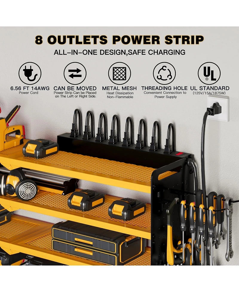Hausource 4-Tier Power Tool Organizer Wall Mount Tool Storage Workbench W/8 Drill Holder Utility Shelving,Yellow