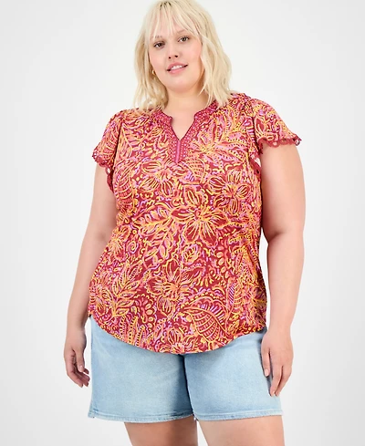 Democracy Trendy Plus Printed Flutter-Sleeve Top
