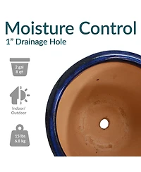 Studio Uv- and Frost-Resistant Ceramic Planters with Drainage Holes and Saucers - 11" Diameter - Imperial Blue - 2-Pack