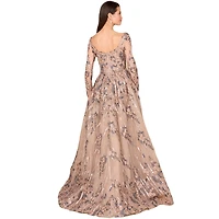 Lara Women's Long Sleeve Lace Gown with Overskirt