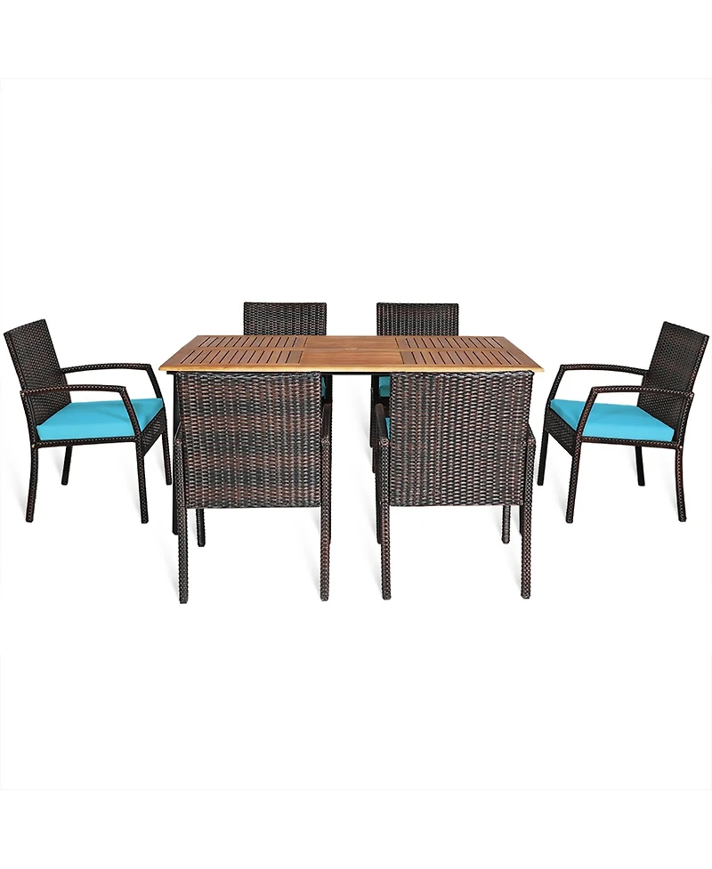 Gymax 7PCS Patio Dining Furniture Set Yard w/ Wooden Tabletop Turquoise Cushions