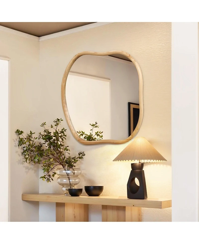 LuxenHome Natural Pine Wood Frame Square Irregular Wall Mirror, Accent and Vanity