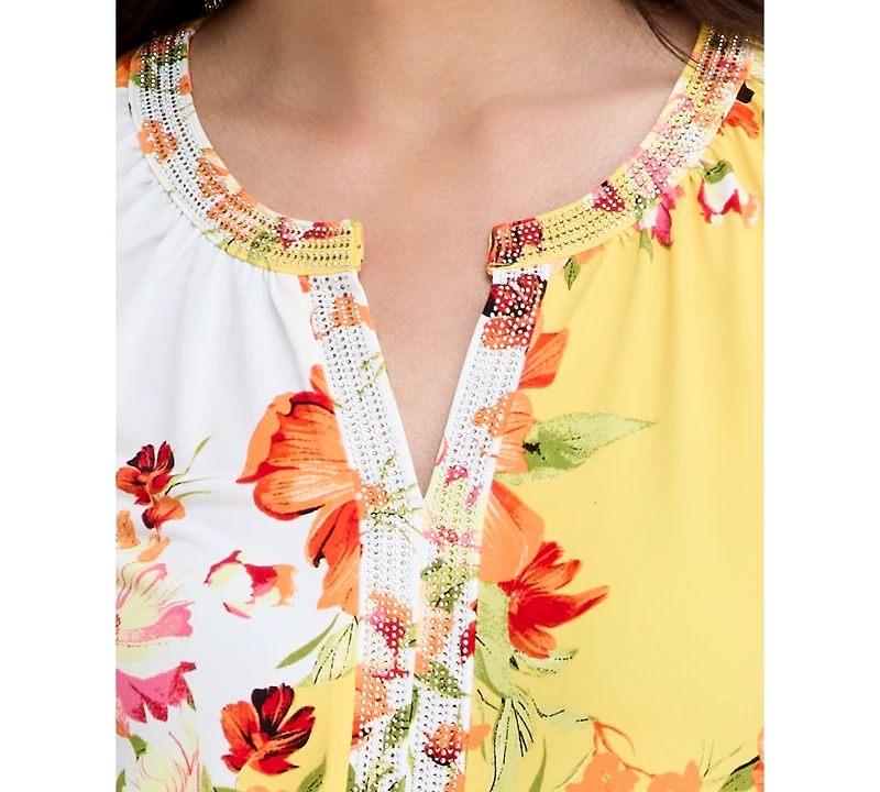 Jm Collection Women's Printed Embellished Split-Neck Top, Exclusively at Macy's