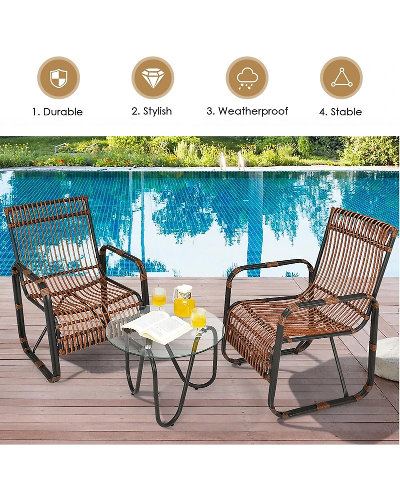 Gymax 3PCS Rattan Patio Conversation Set Bistro Furniture Set w/ Glass Table