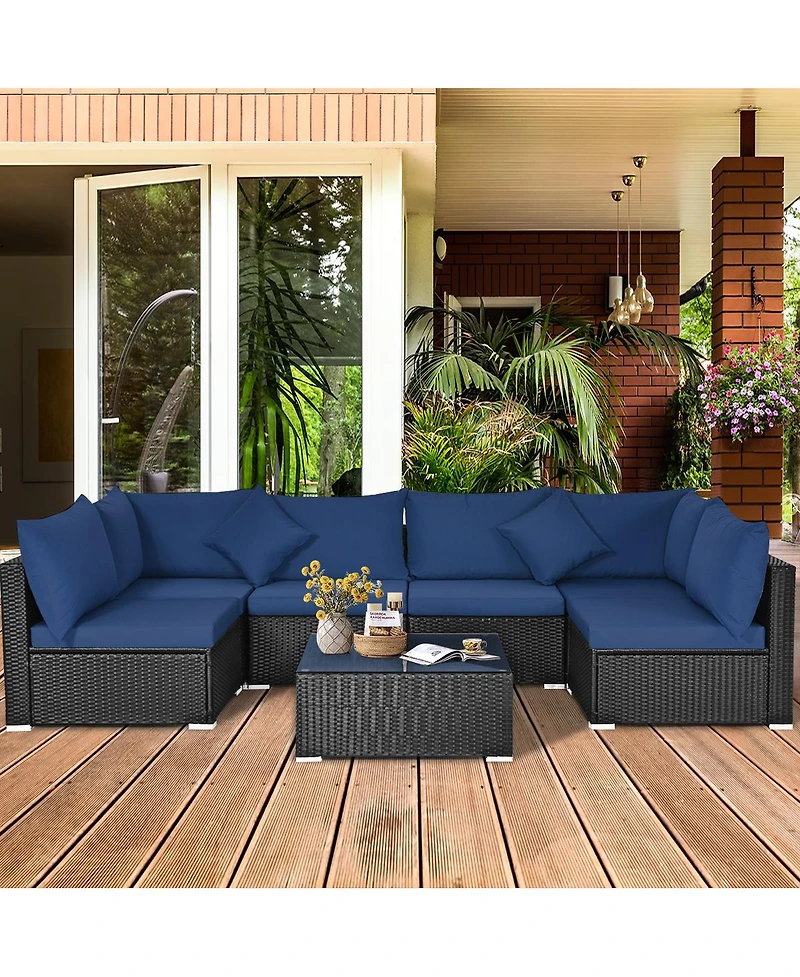 Gymax 7PCS Rattan Patio Conversation Set Sectional Furniture Set w/ Navy Cushion