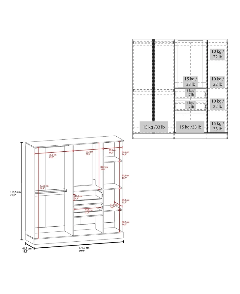Deseret Armoire, 4 Doors, 2 Drawers, 4 Shelves, 1 Mirror, White