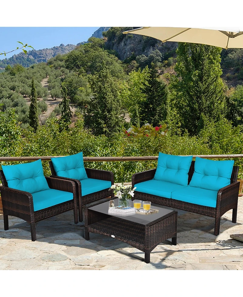 Gymax 8PCS Rattan Patio Conversation Set Outdoor Furniture Set Cushioned